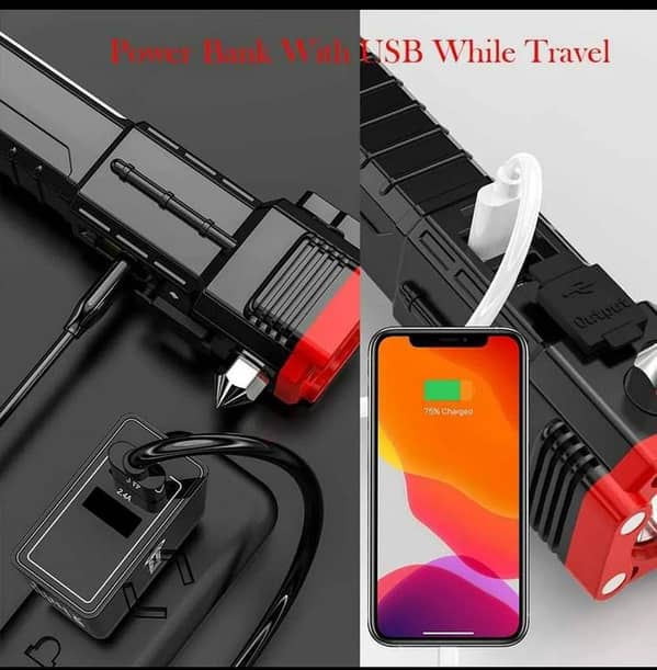Powerful Rechargeable Torch Flashlight, Long Range Beam, Car Rescue Tools, USB Fast Charger Power Bank Your All in One Solution for Safety, Illumination, and Connectivity Anywhere, Anytime.