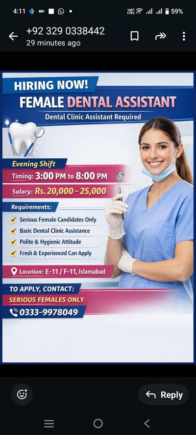 FEMALE DENTAL ASSISTANT REQUIRED