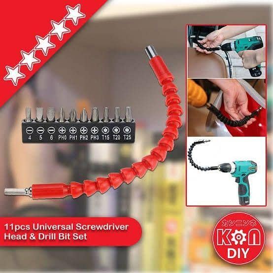 Flexible Drill Bit Extension Shaft with 10pc Screwdriver Bits for Universal 10mm and 13mm Drills