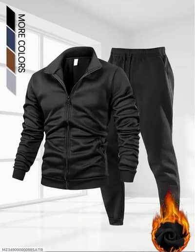 Men’s Black Zipper Track Suit – 2 Pcs | Fleece | Plain