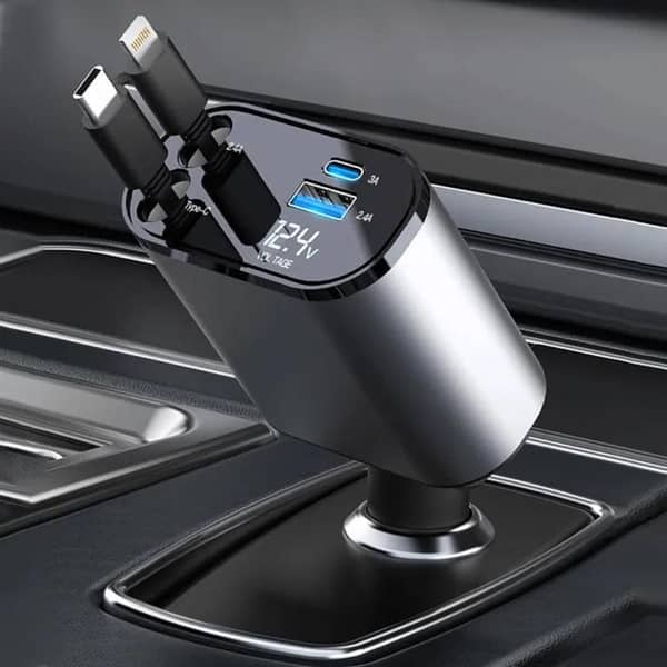 120W 4-in-1 Retractable Car Charger - Super Fast Charge PD & QC 3.0 - Digital Voltage Display - Fast Charge All Phones