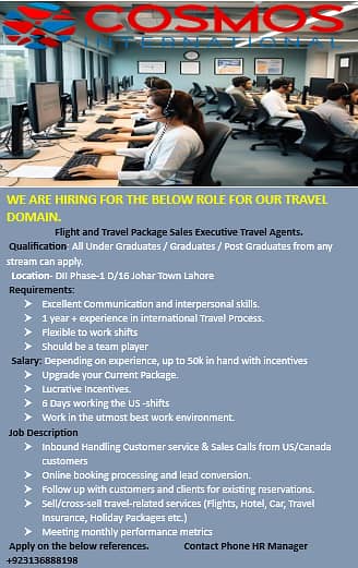 We are hiring CSR/Call agents for Travling Booking Process for US Comp