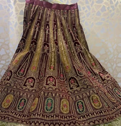Luxury Maroon Velvet Bridal Lehenga Set with 2 Dupattas & Potli