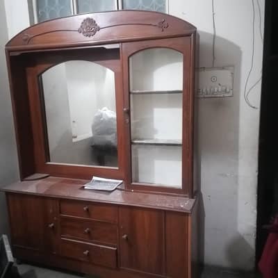 Vintage Wood Dressing Table with Display Cabinet & Mirror