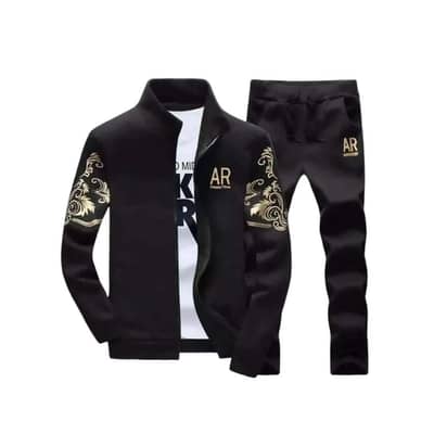 Men’s Black Polyester Zipper Track Suit – 2 Pcs Sportswear Set