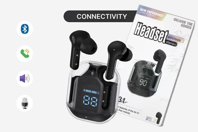 Air 31 TWS Wireless Earbuds, Bluetooth 5.3 earbud, Crystal Transparent Airpods Case, Deep Bass Stereo Sound airpod , Noise Reduction Earphones , LED Digital Display, Waterproof Headset with Mic earphone