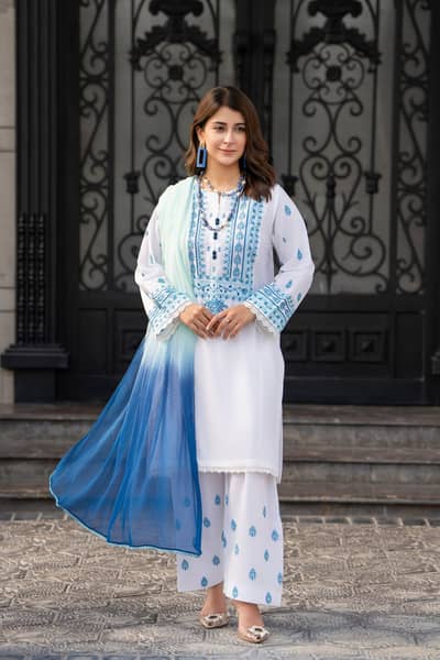 Elegant White & Blue Embroidered Lawn Sui 3PC & 2PC | HU 15