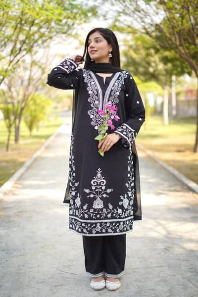 Jet Black & white Embroidered khaddar Suit 2PC & 3PC | HU25