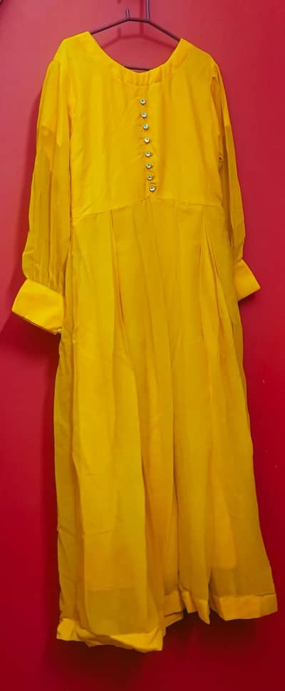 3 Piece Mustard Yellow Chiffon Long Frock with Matching Khussa
