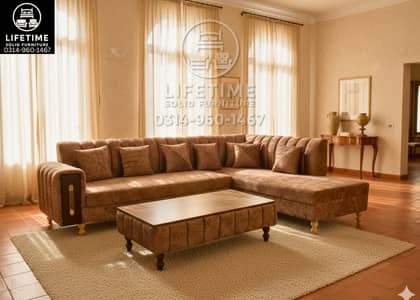 Balanced Modern L Shape Sofa | 7 Seater with Puffy| Solid Kikar Wood