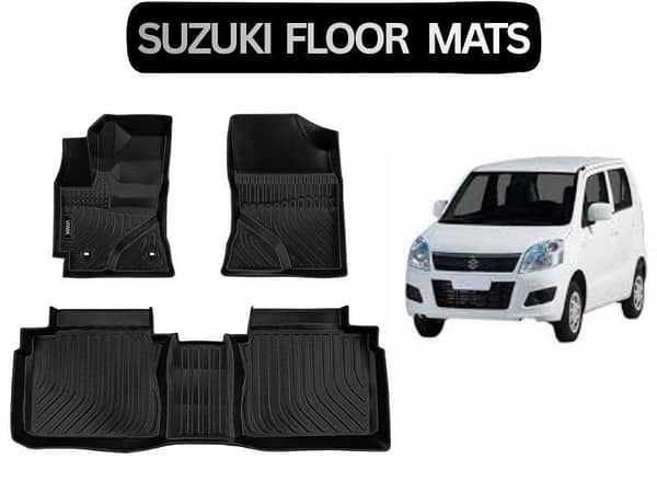 Suzuki Wagon R 2014–2023 Universal Custom Fit Floor Mats | 3 Pcs Black Rubber Coated | Waterproof & Anti-Slip
