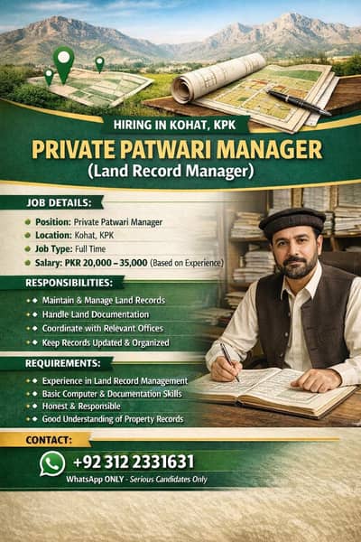 Private Patwari Manager (Land Record Manager) | Job In Kohat