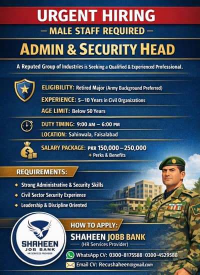 Admin & Security Head Required | Retired Major | Faisalabad