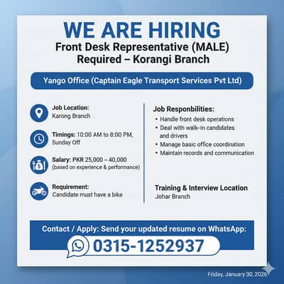 Front Desk Representative (Male) Required – Korangi Branch