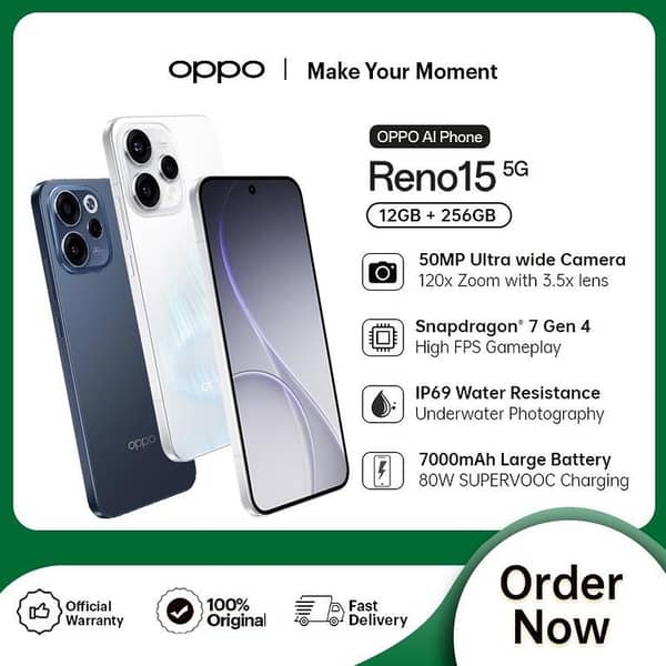 [NEW LAUNCH] OPPO Reno15 5G | 12GB RAM + 256GB ROM | 50MP Ultra Wide Selfie Camera | 6500mAH Large Battery with 80W Fast Charging | Pakistan Longest 120x Zoom Camera | Latest ColorOS 16  | IP69 Water & Dust Resistance