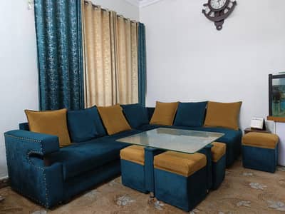 7 seater L shaped sofa & center table with stools