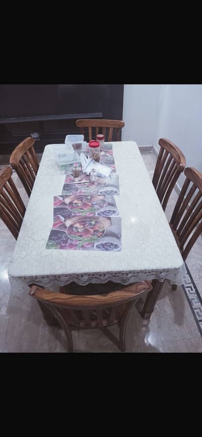 Upper side of table marble and wood with 6 pure wood table