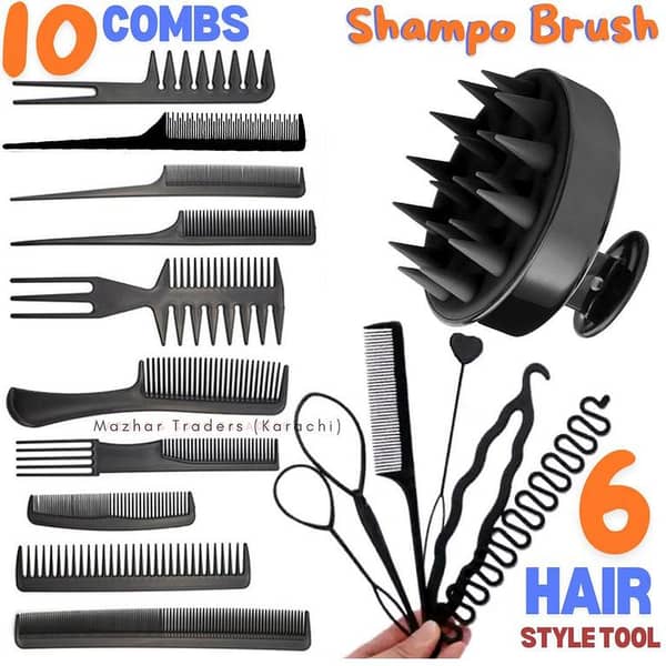 10-Piece Comb Set and Silicone Scalp Brush, plus 6 Braids Tools with Zigzag Ponytail Maker