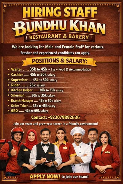 Hiring staff_bundhu Khan restaurant & bakery( male & female)