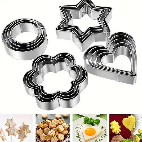 12pcs stainless steel biscuit mold flower shaped circular heart-shaped star shaped biscuit knife set for kitchen baking tools of cakes, vegetables, sandwiches, fruits, candies, biscuits, birthday parties, holiday celebrations, baking supplies