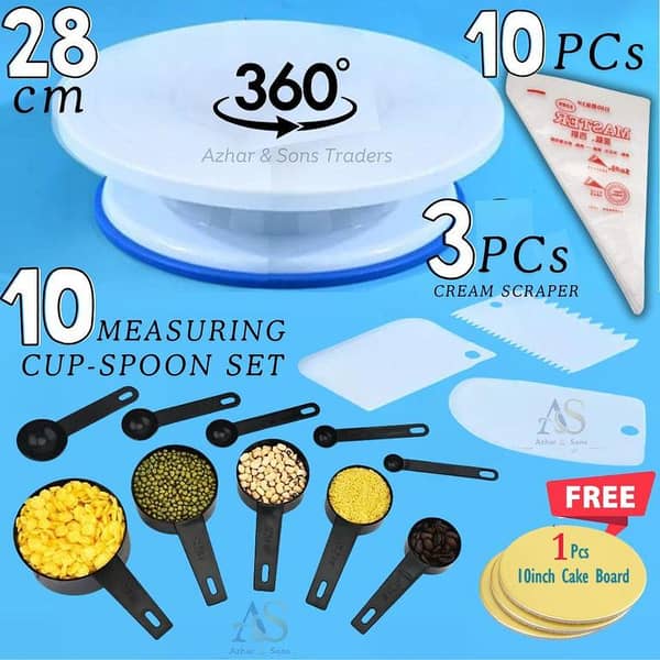 Cake Rotating Turntable 28cm & 10Pcs Measuring Spoons Cups & 10Pcs Disposable Piping Bags & 3Pcs Cake Creem icing Scraper Set