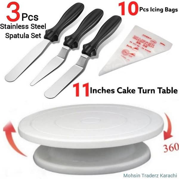 11 inch High quality Rotating Cake Turntable, 3 Pcs Stainless Steel Cake Utensils Spatula Set , 10Pcs Disposable Piping Bags CAKE DECORATING SUPPLIES Turn Table