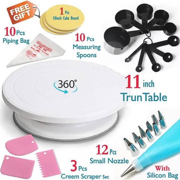 Cake Rotating Turntable 28cm & 10Pcs Measuring Spoons Cup Set & 12Pcs Cake Decorating Small Nozzles Set & 10Pcs Disposable Piping Bags & 3Pcs Cake Creem icing Scraper Set