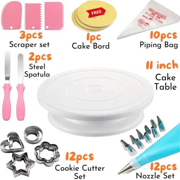 Cake Rotating Turntable 28cm & 3pcs cake scraper set, 10 pcs piping bag, 12pcs cookie cutter set, 12 set cake decorating nozzle, 2pcs cake spatula, & free 1pc cake Board Baking Tools
