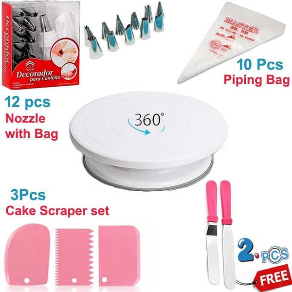 Cake Rotating Turntable 28cm & 3Pcs Cake Cream Scraper Set & 10Pcs Disposable Piping Bags & 12Pcs Cake Decorating Small Nozzles Set & 2pcs Spatula Gift