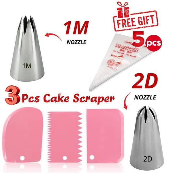 1M And 2D Stainless Steel Nozzle & 3Pcs cake Scraper set with free 5Pcs Piping Bags
