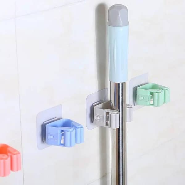 Wall Mounted Mop and Broom Holder with Non-Slip Grip and Self-Adhesive Mounting