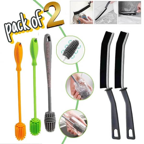 Pack Of 2 Silicone Bottle Cleaning Brush Long Handle & Gap Cleaning Brush Household Ceramic Tile Joint Scrubber Hard Brush Multi Purpose