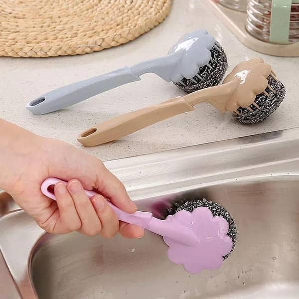 Flower Shape Stainless Steel Wire Ball Brush Sponges Scrubbers Metal Scouring Pads with Long Handle Pot Brush Kitchen Hanging Strong Cleaner Steel Ball for Kitchen Bathroom Pan Pot