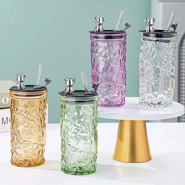 Bear Glass Cup With Lid,Transparent Glass Straw Mug, Diamond Cup,Suitable For Home and Office With A Straw Glass Tumbler