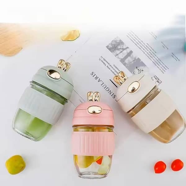 Lovely Cartoon Rabbit 350ml Water Cup High Quality Portable Glass Cup Cartoon Simple Large Capacity Water Bottle With Straw Cute Rabbit Ear Glass Water Bottles With Straw For Girls Kids Portable Strap Student Bottle With Cup Cover