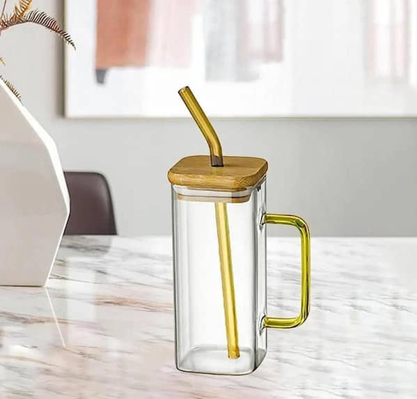 Round shape Glass with glass straw and wooden lid, coffee glass, milk glass, juice glass -Imported high quality - cups for tea - tea cup - soda cup - coffee mug - kitchen accessories