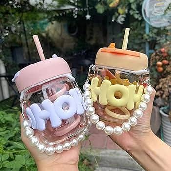 Imported Cute Girl Transparent Glass Heat Resistant Tumbler With Pearl Chain Sipper Glass Cup Portable Double Drinking Aesthetic Coffee Mug With Straw Gift For College Girls Teen hoho Mugs for Gift