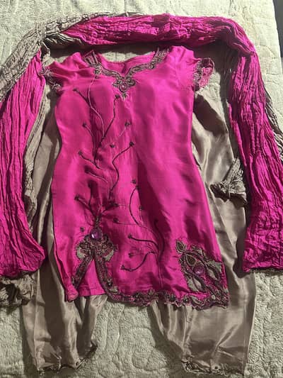 3 piece -  pink and bronze Gold shalwar kameez Eid basant wedd