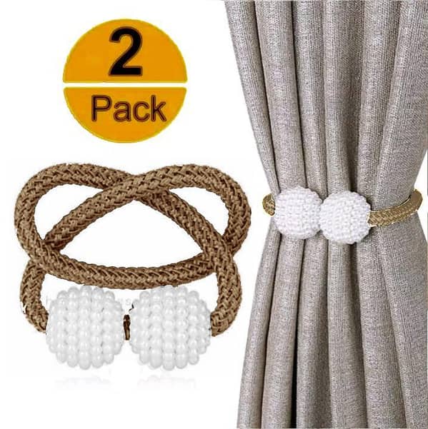 2-Pack Elegant Pearl-Embellished Magnetic Curtain Tiebacks with Braided Strap