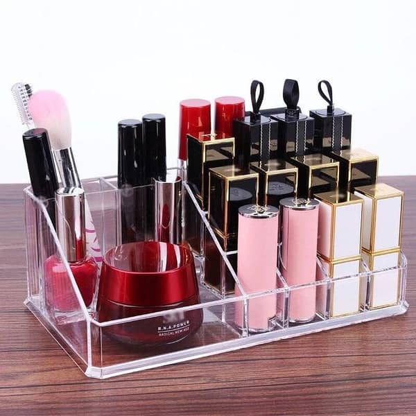16-Compartment Clear Acrylic Makeup Organizer, Lipstick Holder, Brush Organizer and Jewelry Display Case