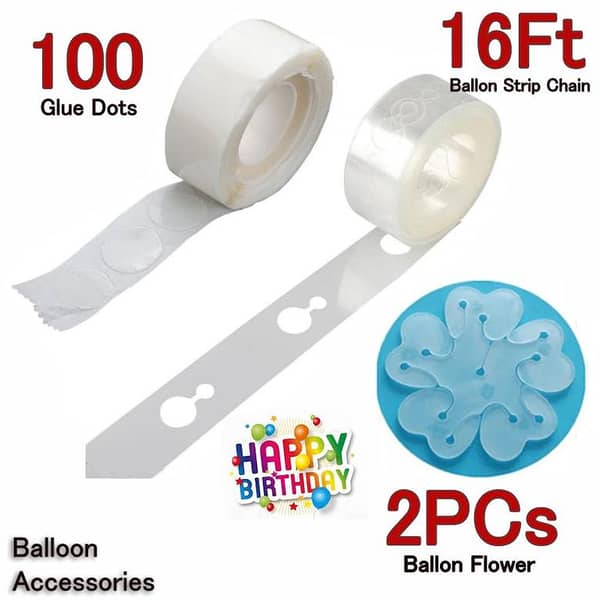 100 Dots Removable Adhesive Glue Dots and 5m Balloon Decorating Strip with Flower Clip for Party Decor