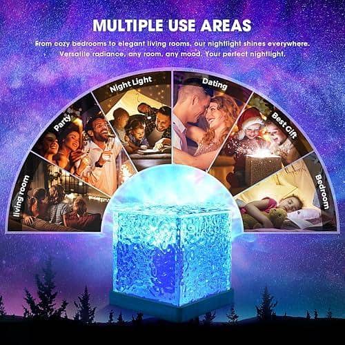 Water Ripple Lamp – 16 Color Modes Dynamic Water Ripple Lamp Projector, Ocean Wave Light Projector, 3 Colors Touch Control, Rechargeable Crystal Night Lamp for Bedroom, Living Room, Gaming Room, Party, Bars