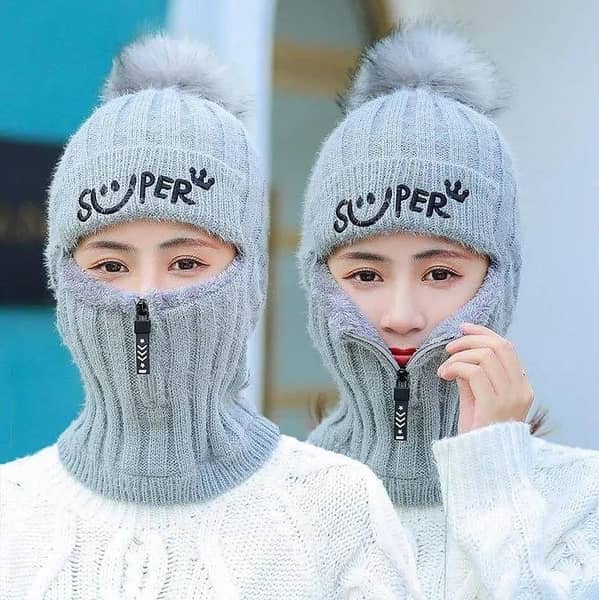 Zippered Winter Cap with Face Cover and Hood Neck