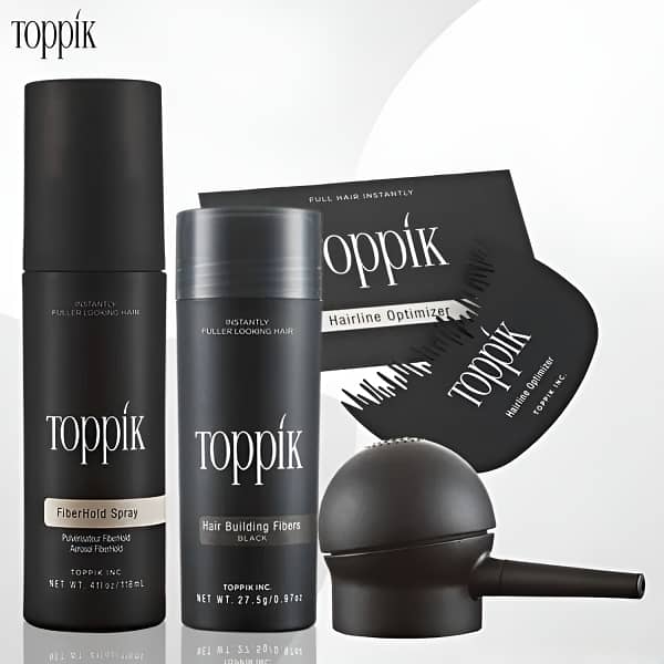 Toppik Hair Building Fiber Pack (4-Unit Kit): 27.5g Fiber + Applicator + Hold Spray + Comb — Black or Dark Brown