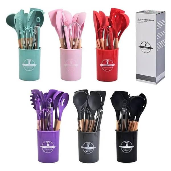 12 Pcs Silicone Cooking Utensils Kitchen Utensil Set - Heat Resistant Non-Toxic BPA Free Spatula Set with Turner Tongs,Spoon,Brush,Whisk-Wooden Handles Kitchen Gadgets Tools Set for Nonstick Cookware
