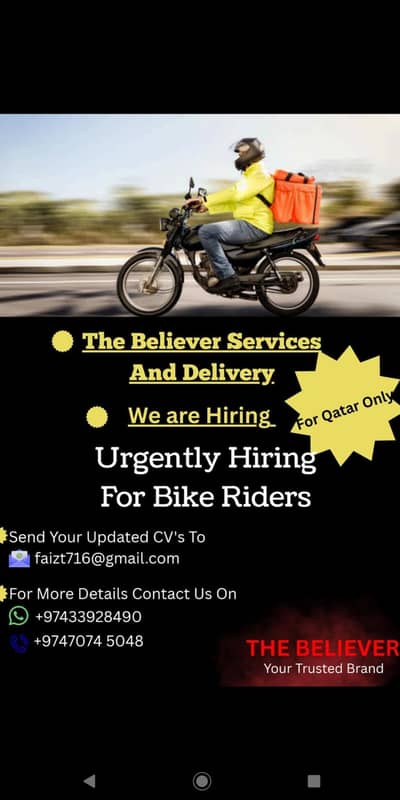 we are hiring delivery riders for QATAR urgent based.