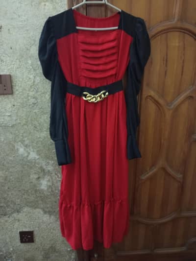 Long flair frock with belt nd puff sleeves