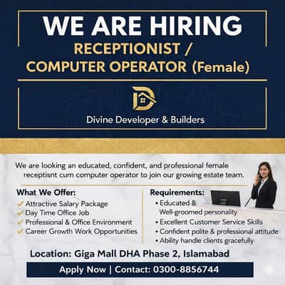  Receptionist & Computer Operator Required (Female) 