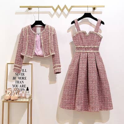 Pink 2 piece frock dress with jacket for ladies