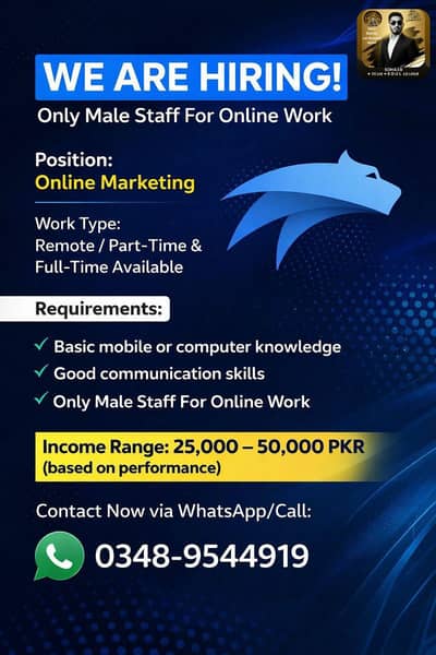 Job Vacancy/ Work Opportunity/ Only Male / Full-Time / Part-Time Work